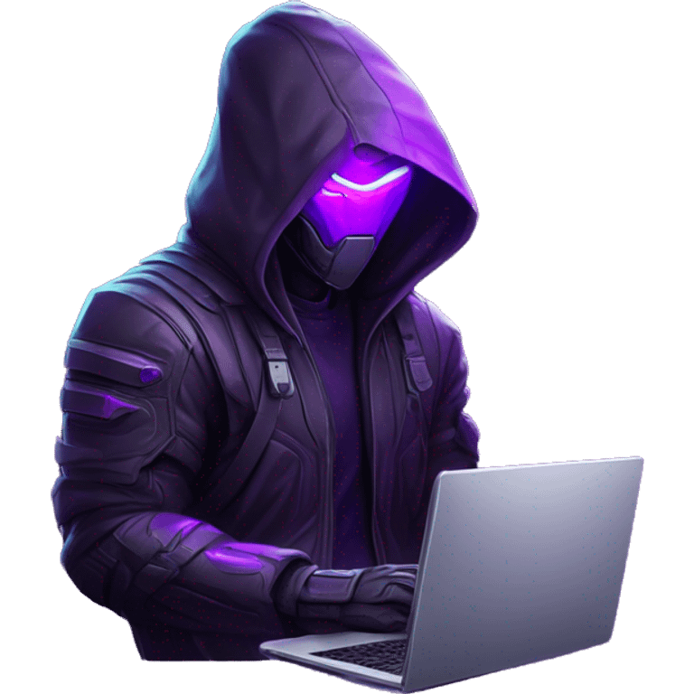 developer behind his laptop with this style : crysis Cyberpunk Valorant neon glowing bright purple character purple violet black hooded assassin themed character emoji