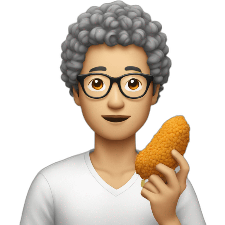 Asian man with round glasses and natural perm eating chicken emoji