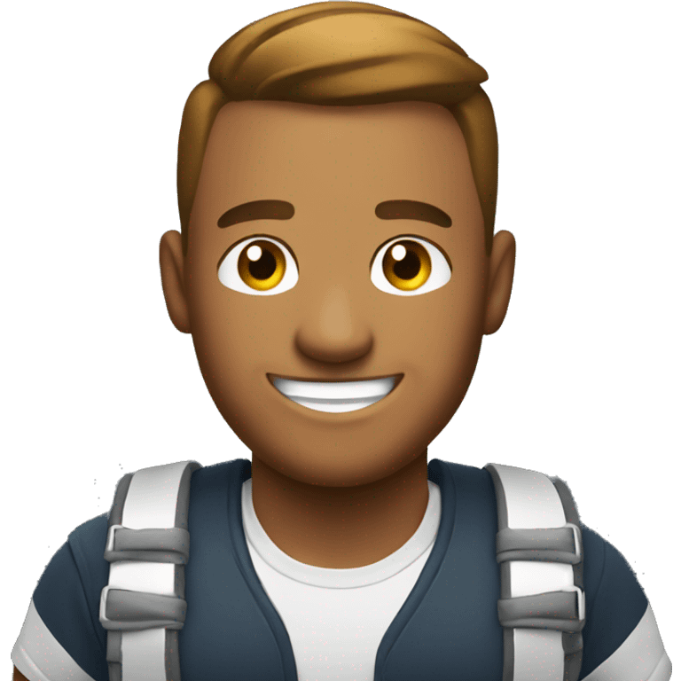 smiling man in locker room wearing harness emoji