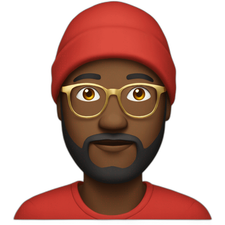 black man with beard, red hoodie on head, and gold framed glasses emoji