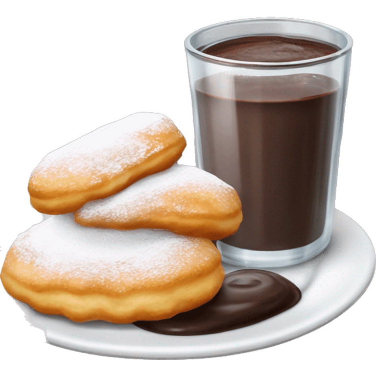 Realistic plate of powdered sugar beignet s with glass cup of chocolate dip on the side isolated. emoji