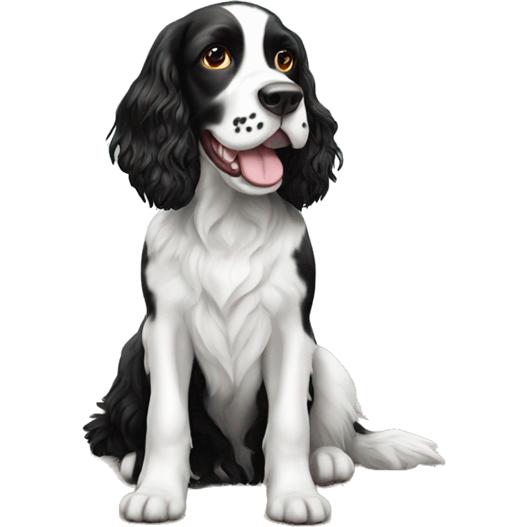 Black and white English springer spaniel sitting on the beach  emoji