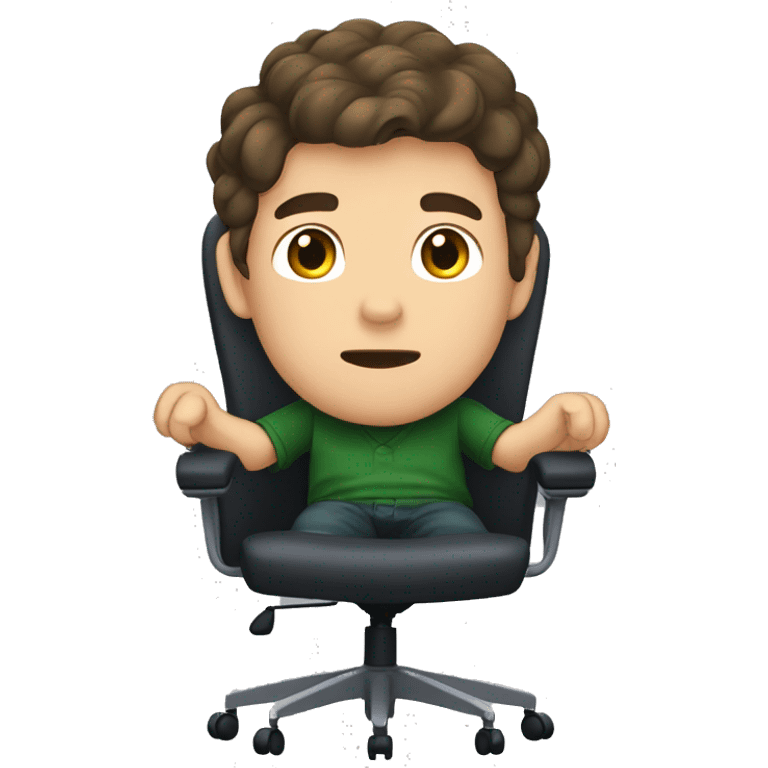 brown hair boy with dark green oversize shirt sitting in office chair, pov facecam emoji