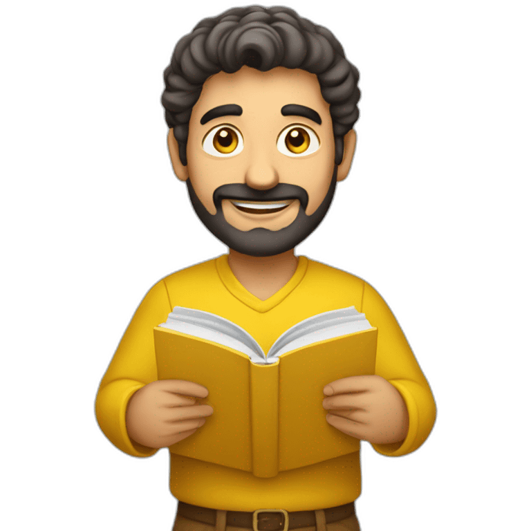 Armenian men with the yellow clothes reading book and looking at camera and smiling  emoji