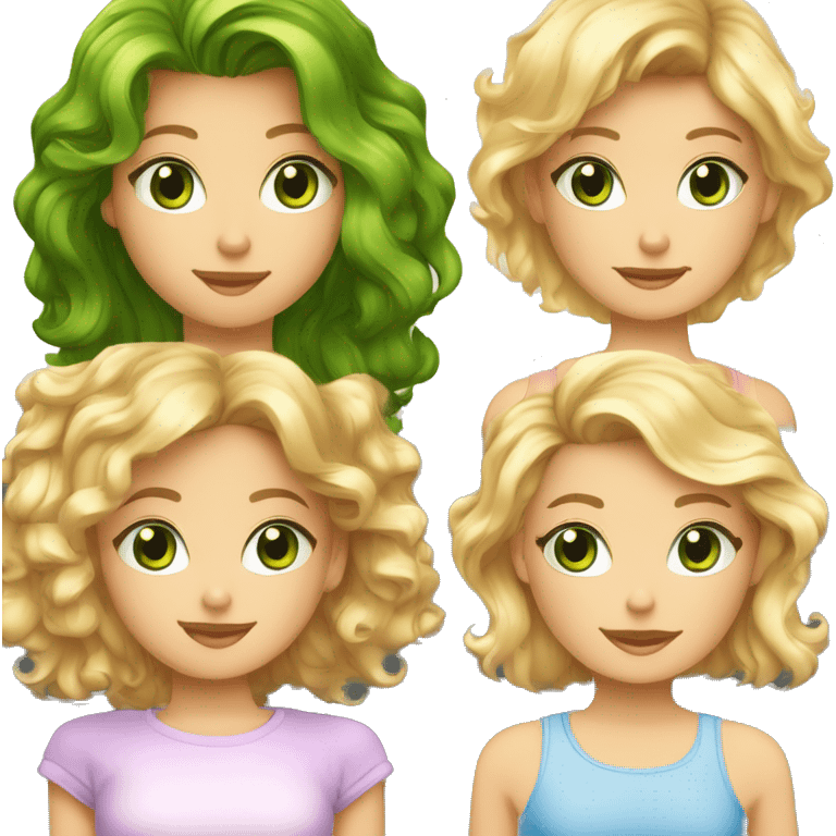 TRIO AVEC UNE FILLE AU cheveux mi-long blonde au yeux bleu + une fille avec les cheveux mi-long bouclé yeux brunc + une fille avec les cheveux legerement court ondulé avec les yeux vert  emoji