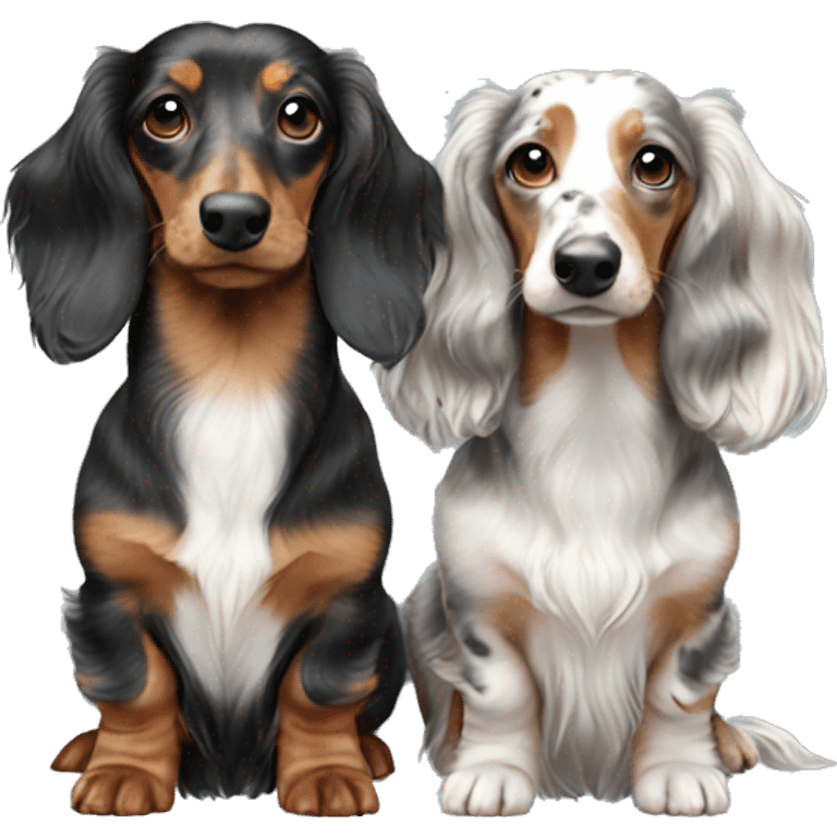 Two Tri Merle long haired Dachshunds together emoji