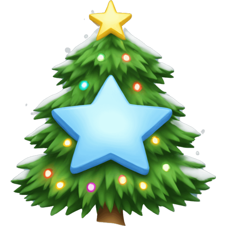 Snowy Christmas tree with lights around and star on top of tree emoji