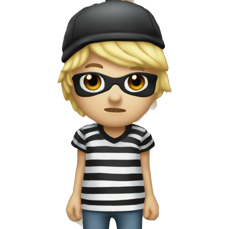 Robber emoji with blonde hair white and black striped shirt wearing a black cap a black eye mask  emoji