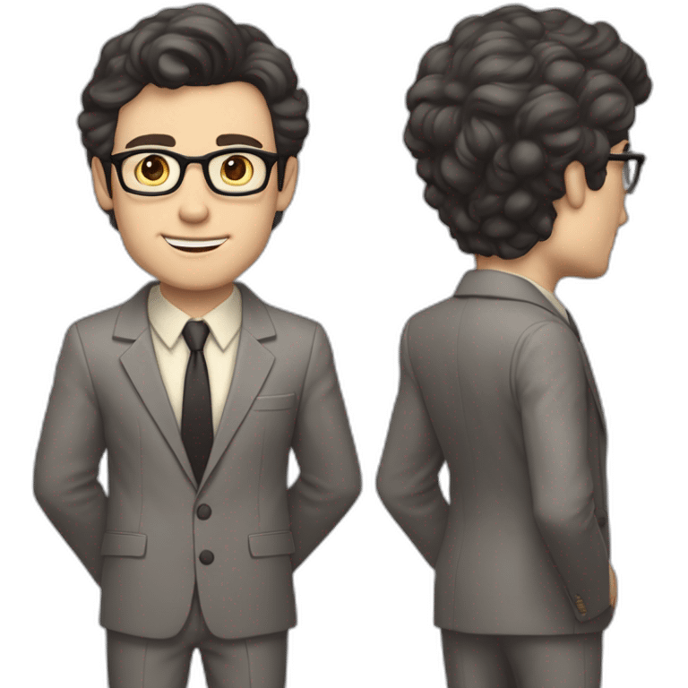 Full height Pale skinned Fit Man With dark brown hair in classic gray suit, beige office shirt, dark gray tie, and vintage glasses. Thrumbs of his palms directed up emoji