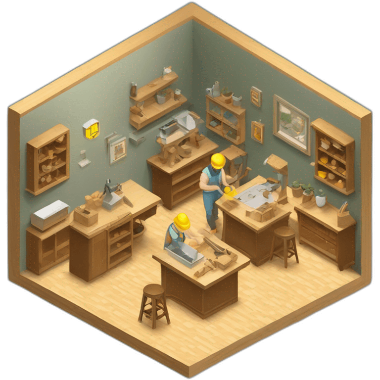 isometric square transparent solid outline border containing indoor woodshop people actively working emoji