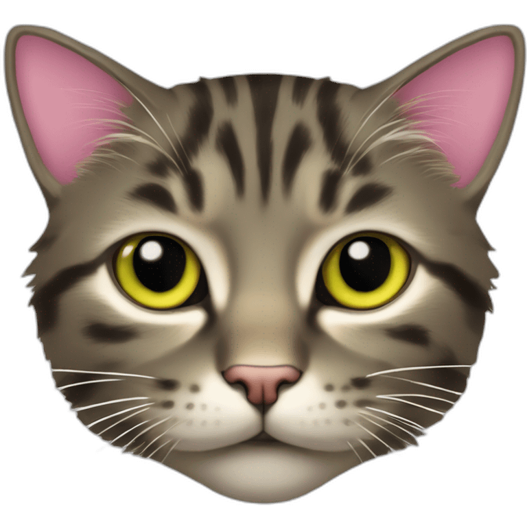 cat Tabby (Mainly black and dark brown) fluffy cat pink-nose light-green&yellow-eyes,-white-long-whiskers,-white-spots-near-the-nose,sharp chin.,long ears,sharp of the eyes emoji