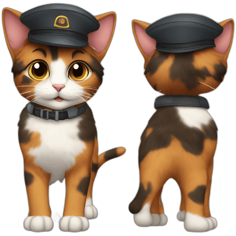 calico cat with brown and grey fur wearing a pilot hat emoji