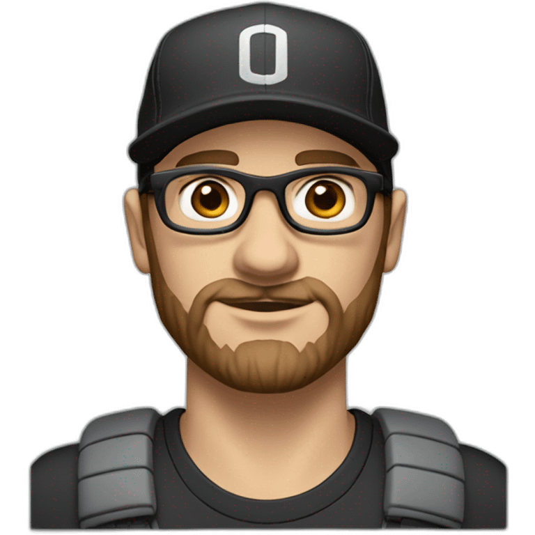 White man with brown hair and a brown beard, has thick eyebrows is wearing black sight glasses. Big nose. Half closed brown eyes. Wearing a Nike cap emoji