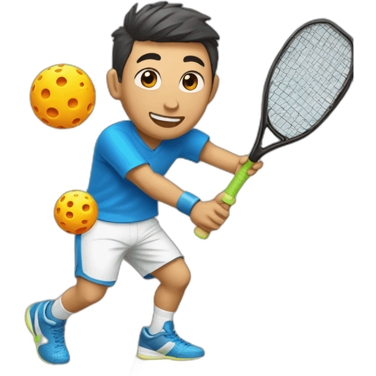 short hair right-handed Chinese Male hitting a pickleball with rectangle Pickleball Paddle emoji