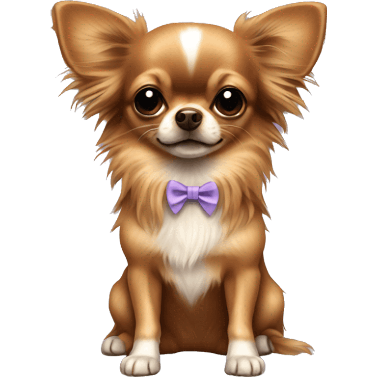 Small brown long haired chihuahua wearing a bow emoji