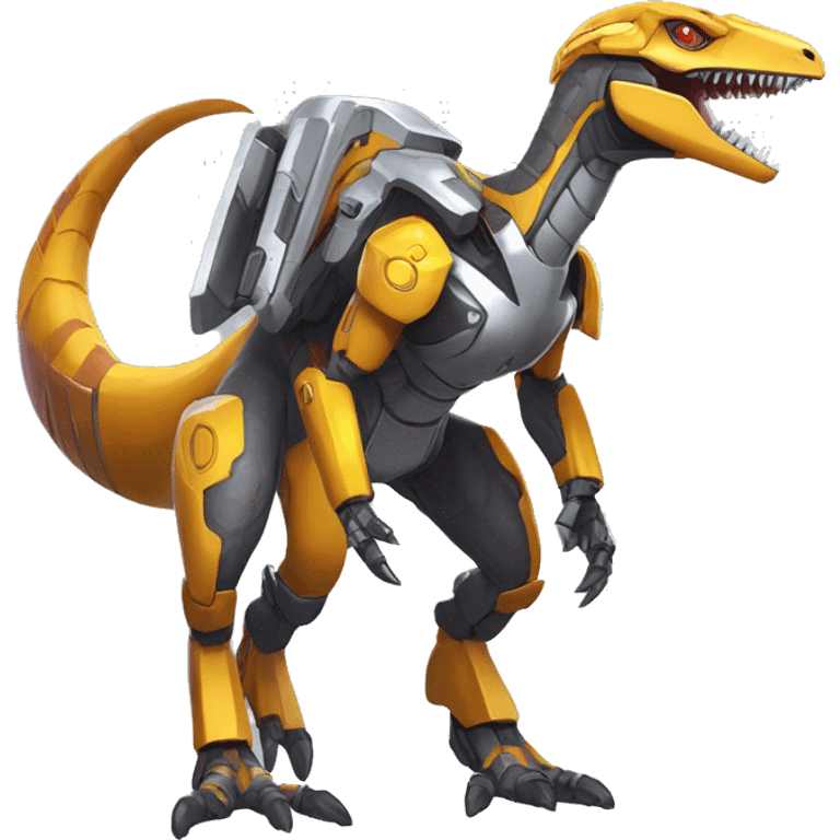 Colorful Edgy Greymon-Velociraptor-Genesect-Fakémon-Pokémon wearing a with a futuristic visor-helmet And Mecha-suit Full Body emoji