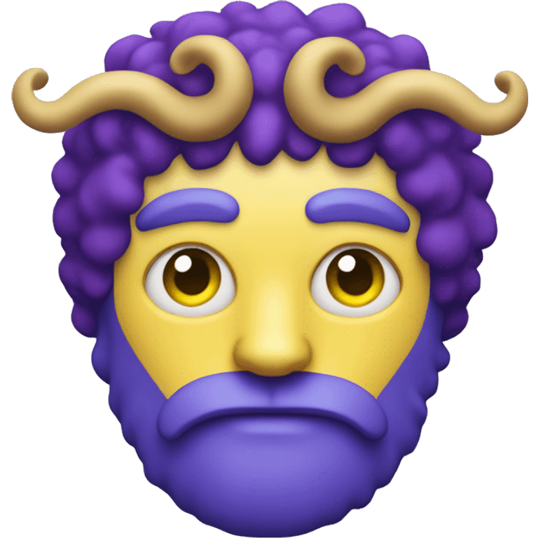 A blue man with yellow cat eyes, purple afro and beard, with ram horns emoji