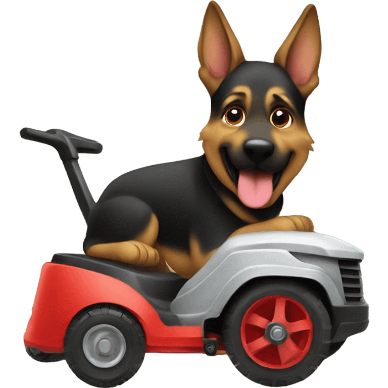 German Shepard riding a lawnmower emoji