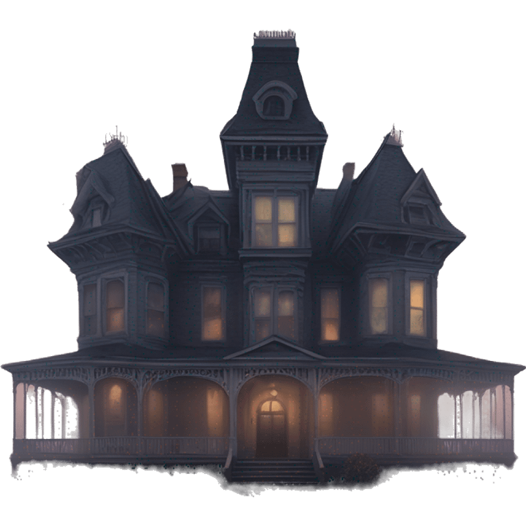 Wide angle, A ramshackle Victorian mansion looms through dense fog at dusk  emoji