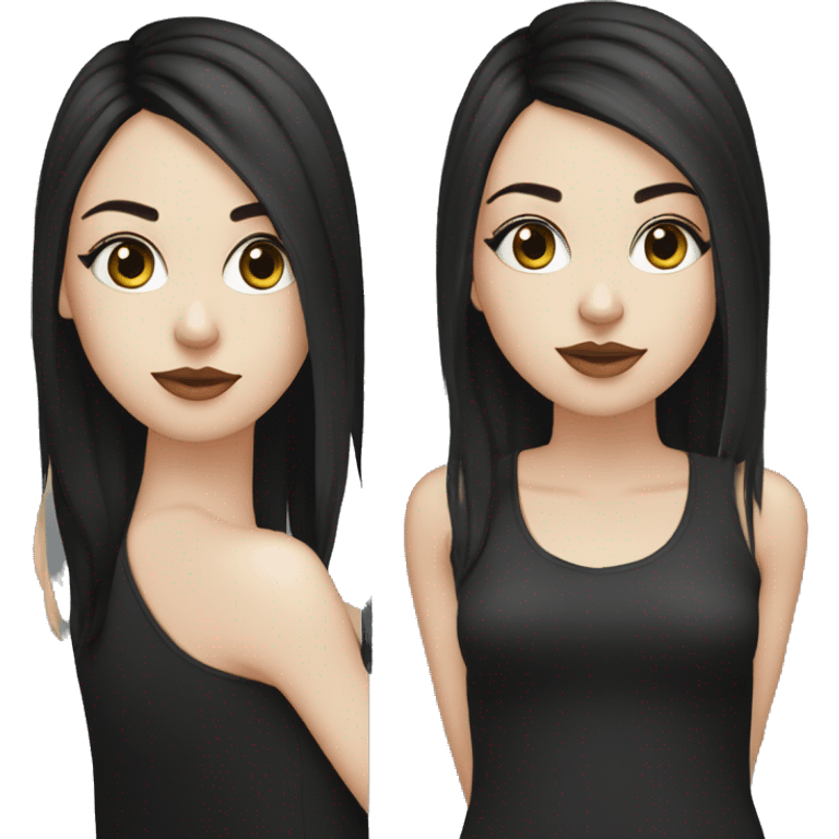 A white girl with black eyes with middle length hush cut black hair and wearing black clothes and  emoji