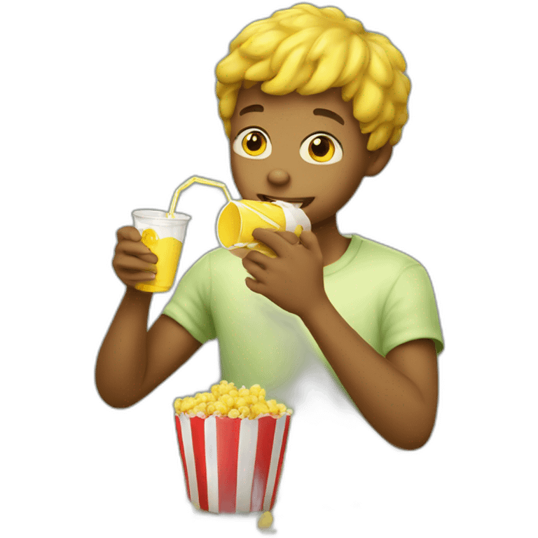 Yellow boy eating popcorns drinking apple juice emoji