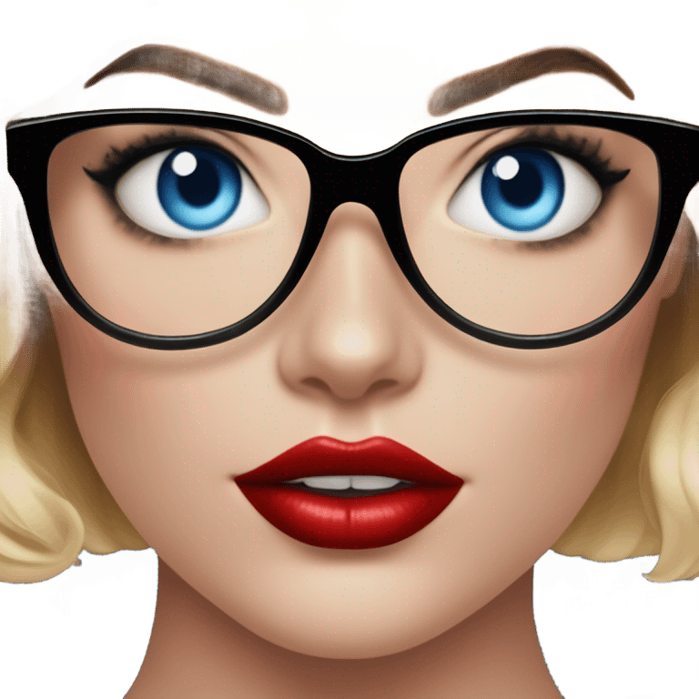  Margot Robbie, bright blue eyes and winged eye liner, red kisses, wearing black glasses  emoji