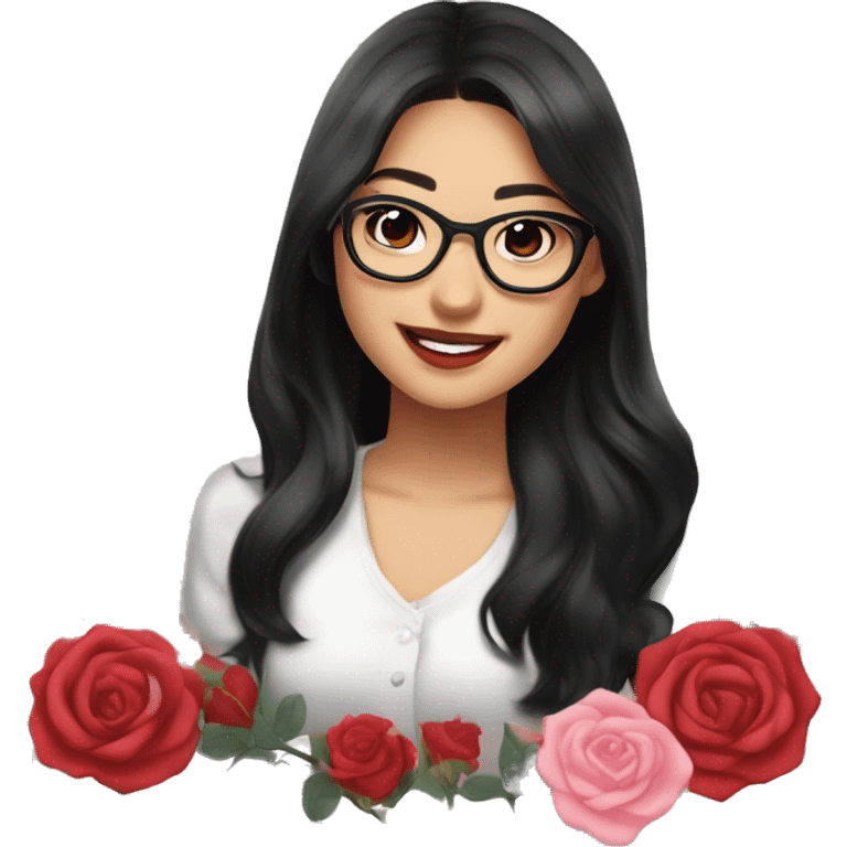 Asian girl, smiling with teeth and dimples on the cheeks, fair skin, black long hair, black eyes, black glasses with gold frames, red lipstick, wearing a white lace tank top and a black office jacket on top, with pink and red roses around herю emoji