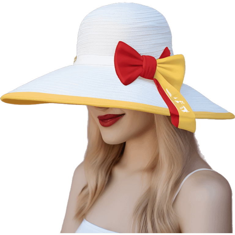 a beautiful Love themed, women's sunhat with bow in white, bright crimson red and yellow gold colors, emoji