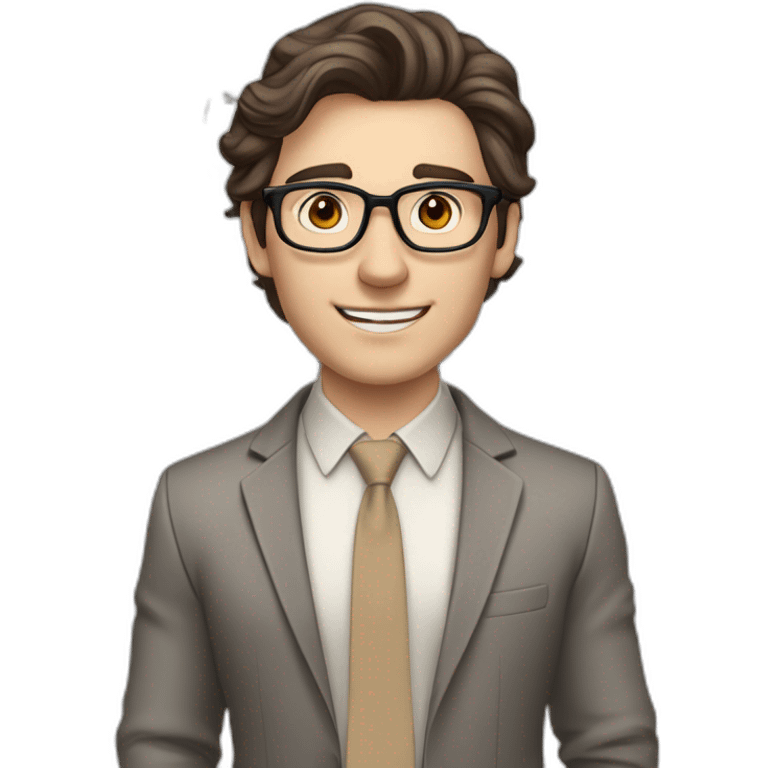 Pale skinned fit man with dark brown hair in gray jacket, beige office shirt, brown tie, brown pants and vintage glasses Writing on the flipchart emoji