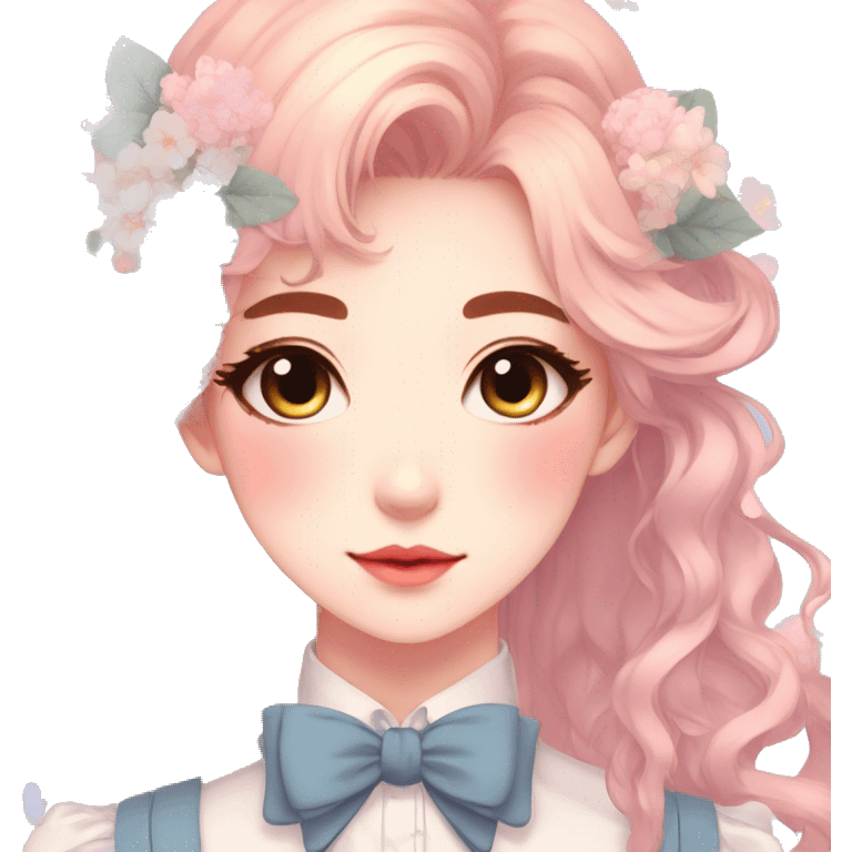 Gorgeous pastel anime style lady with blushing face and flowers and laces and bow ties and pretty hair aesthetic trending style emoji