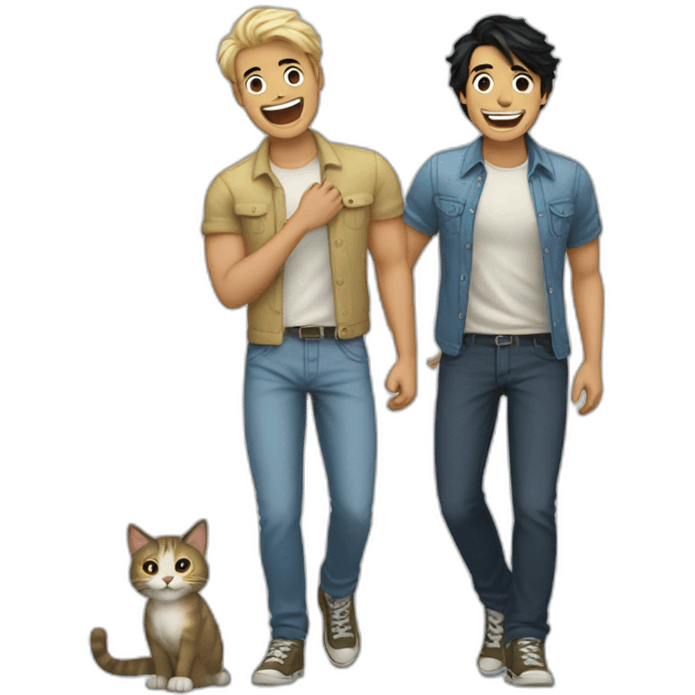 Gay couple, 1 guy Latino black hair and 1 Australian guy blonde hair with a cat laughing full body emoji