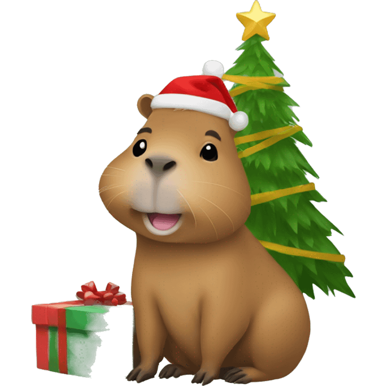 A capybara holding a Christmas tree emoji