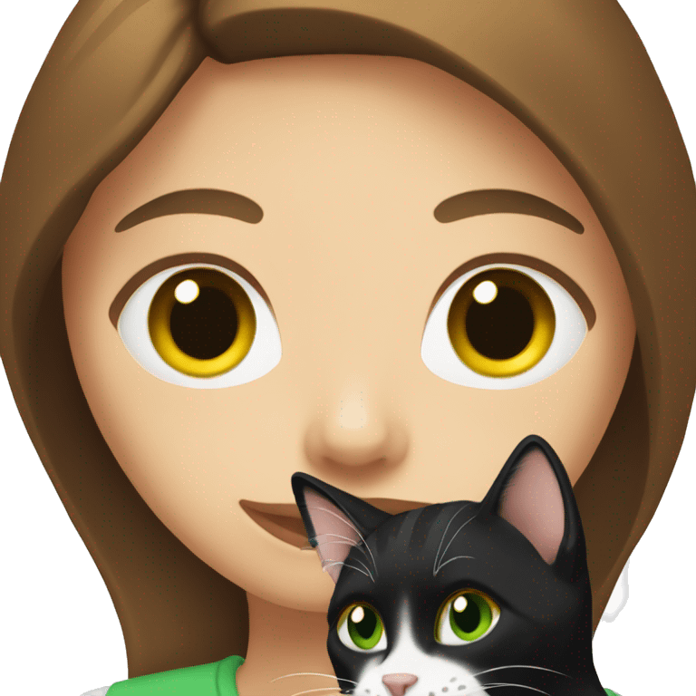 woman with brown hair holding a black and white cat. The woman is with green eyes. emoji