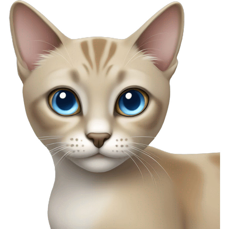 Thai breed adult cat with a light cream-brown body, dark gray nose and face, ears, and paws. sharp ears, and striking light blue eyes  emoji