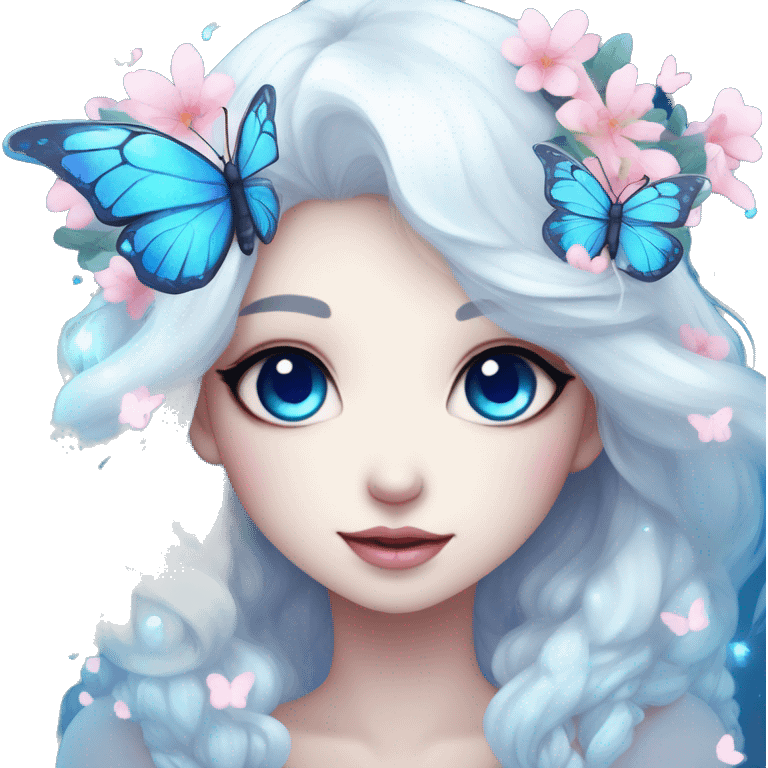 Edgy Cute Cool Kawaii gorgeous sparkly ethereal white fantasy animal with blue eyes sona with flowers and butterflies emoji