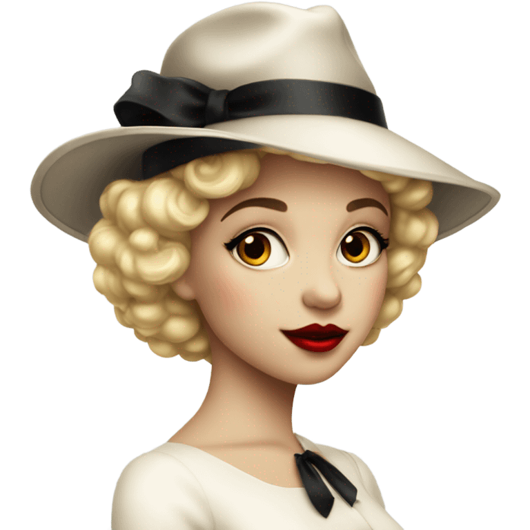 beautiful vintage girl white  in a hat black with red lipstick emoji