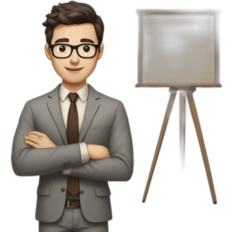 Pale skinned fit man with dark brown hair in gray jacket, beige office shirt, brown tie, brown pants and vintage glasses Writing on the marker board emoji