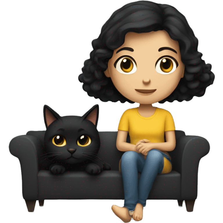 dark haired girl sitting on couch with a black cat in her lap emoji