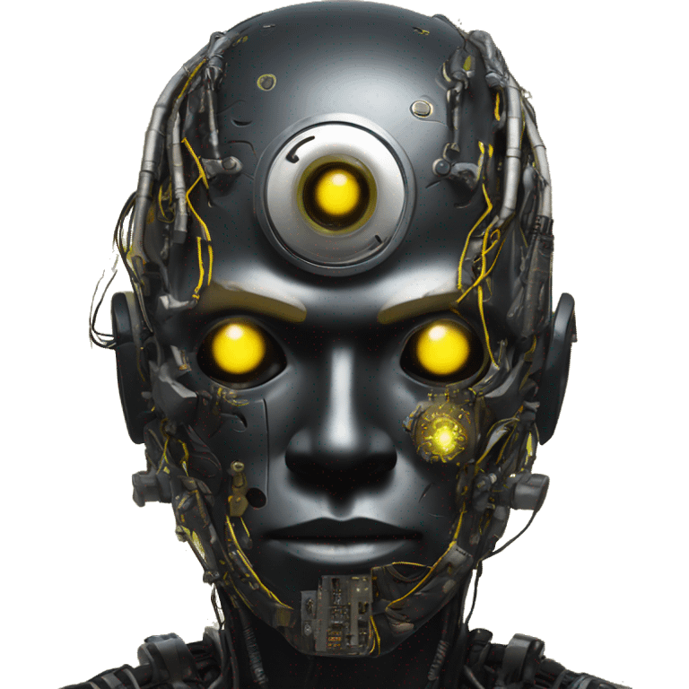 black metal cyborg head with circuitry, one artificial eyeball, and yellow Mohawk goatee emoji