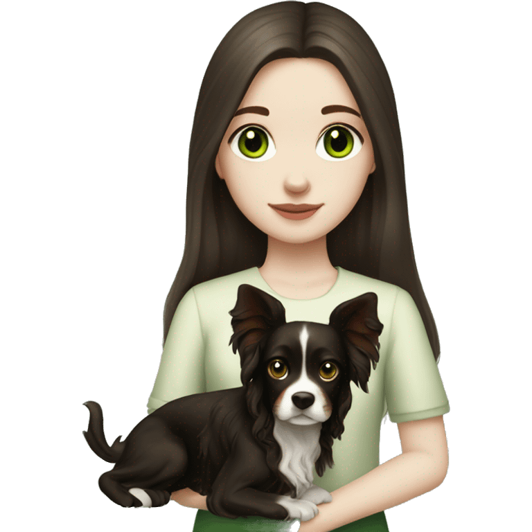 pale skin girl with green eyes with long dark brown hair that had a flower in her hair  holding a black and brown cavalier dog  emoji