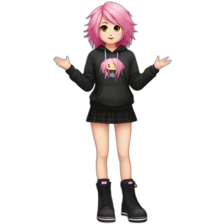 Full body Front view curvy emo girl pink hair sits on the floor straight view hands up black skirt полосатые рваные чулки emoji