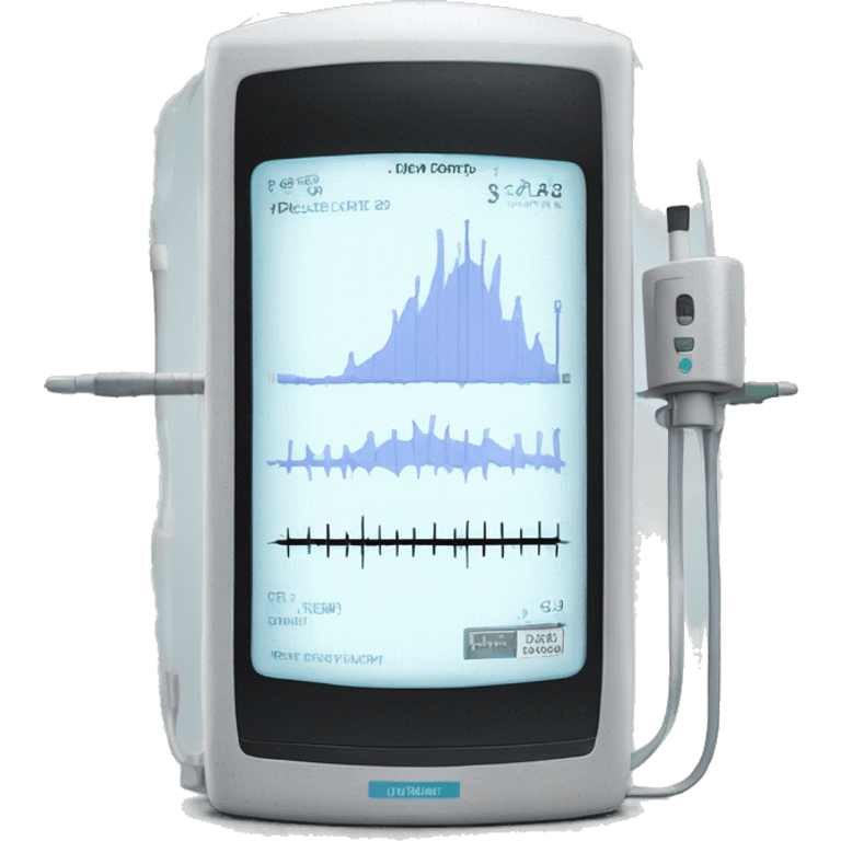 Small, rectangular, medical device with a large screen. On the screen is a steady graph. Attached to the device is a thin clear tube. emoji