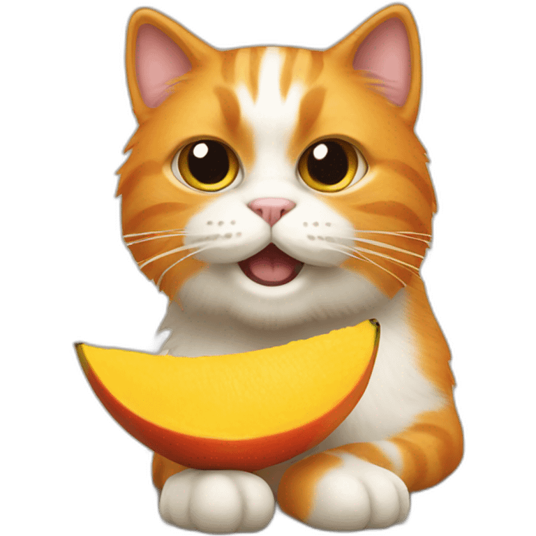 orange hairy cat eating mango with grumpy face and long tail emoji