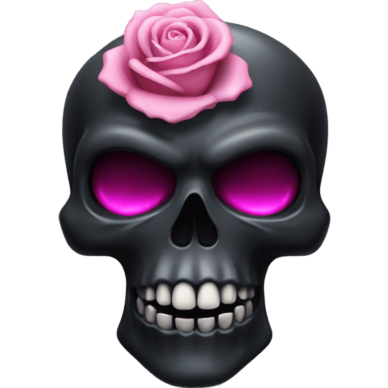 black skull with fangs and pink halo, grey rose in mouth emoji