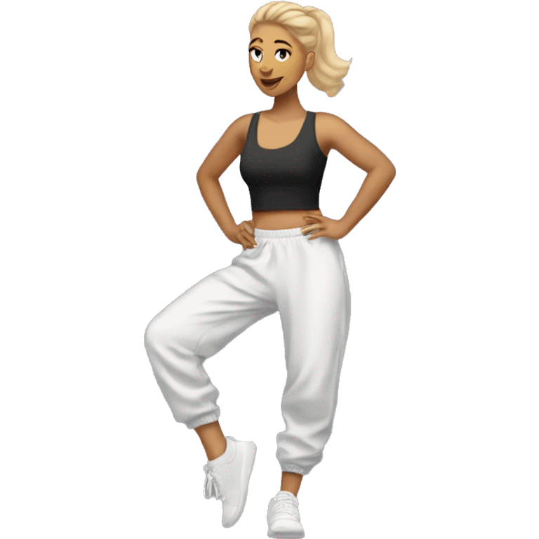 white woman dancer in sweatpants and crop top emoji