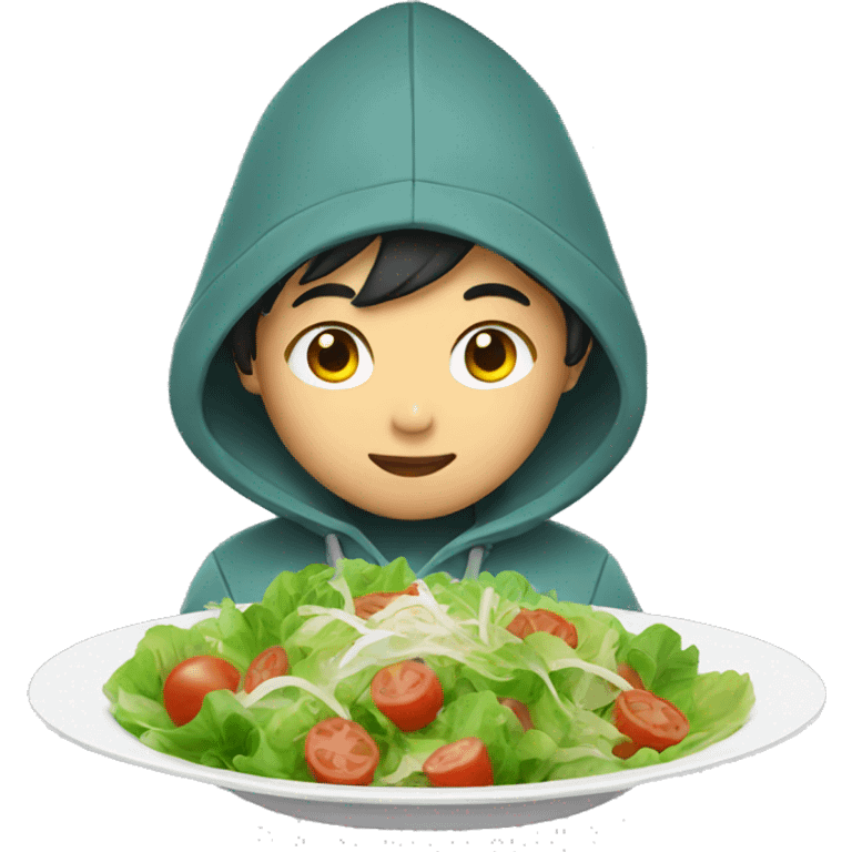 asian boy in hoodie eating salad  emoji