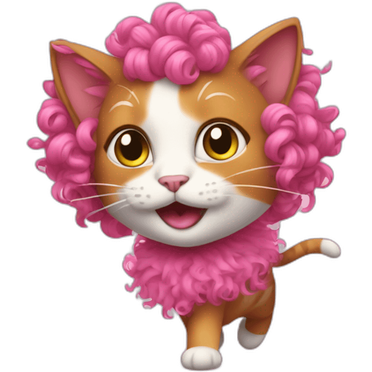 a cat with pink and curly hair is dancing emoji