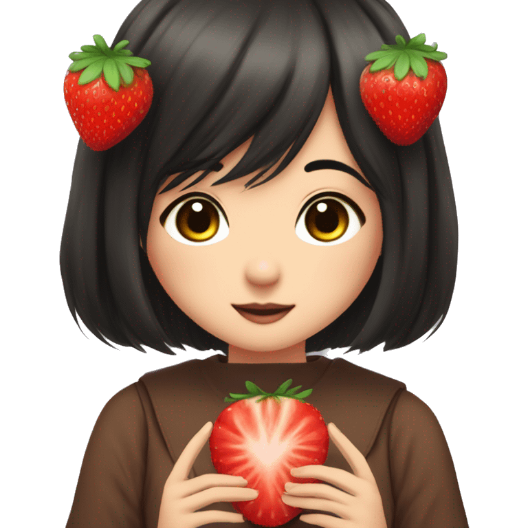 Anime-Style Eyes. Lady. Kawaii. Cottagecore. Brown Skin. Black hair. Hold a giant strawberry emoji