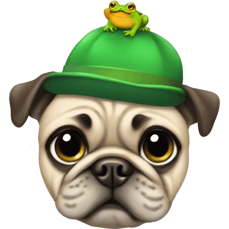 Pug smiling while wearing a green hat with a frog form emoji