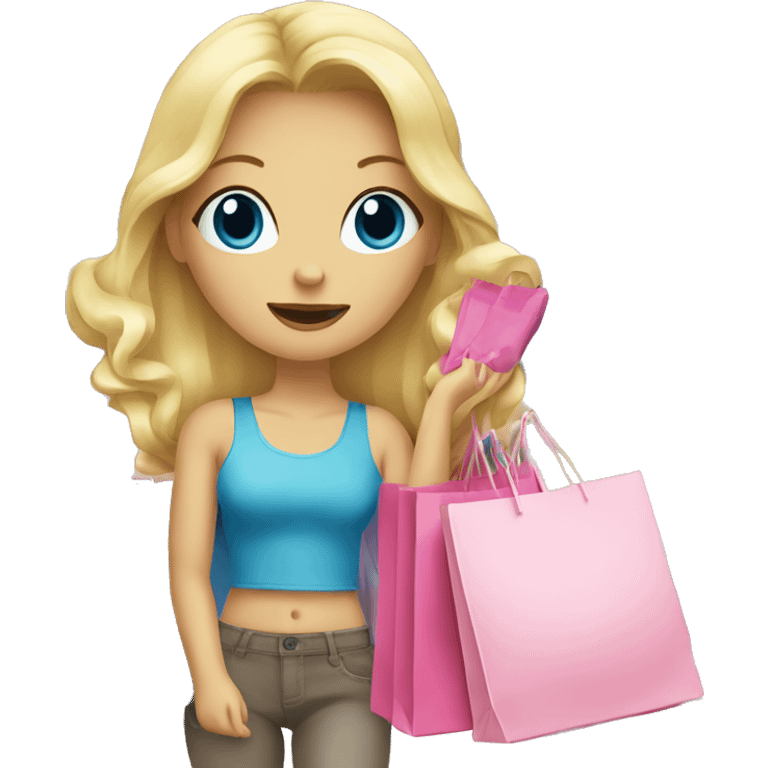 blonde girl with blue eyes surrounded by pink shopping bags emoji